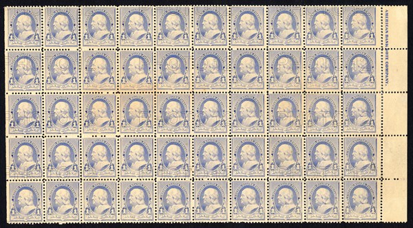 1c Franklin imprint block of fifty, 1890. Creator: American Bank Note Company.