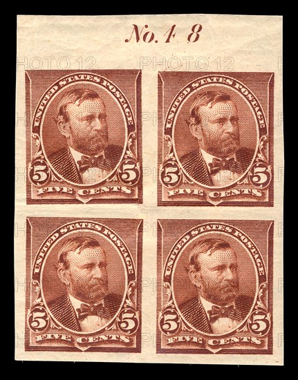 5c Ulysses S. Grant proof plate block of four, June 2, 1890. Creator: American Bank Note Company.