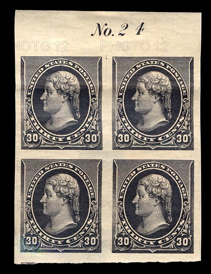30c Thomas Jefferson proof plate block of four, February 22, 1890. Creator: American Bank Note Company.