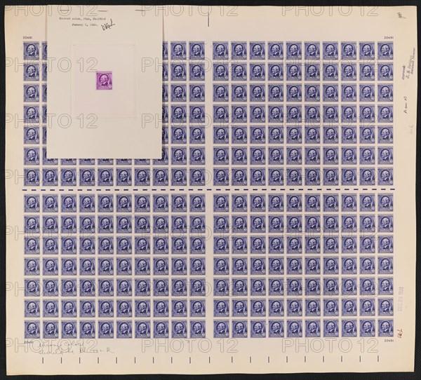 3c American Authors Ralph Waldo Emerson die proof attached to plate proof, 14612. Creator: Bureau of Engraving and Printing.