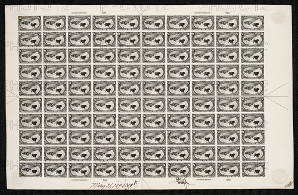 $1 Trans-Mississippi Western Cattle in Storm plate proof sheet, May 31, 1898. Creator: Bureau of Engraving and Printing.