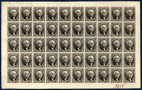 10c Washington reproduction plate proof on card sheet of fifty, 1891. Creator: Bureau of Engraving and Printing.