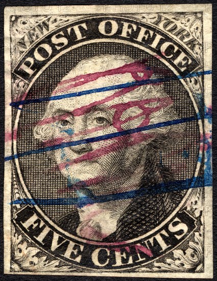 5c Washington New York postmaster provisional RHM signed single, 1845-1846. Creator: Unknown.