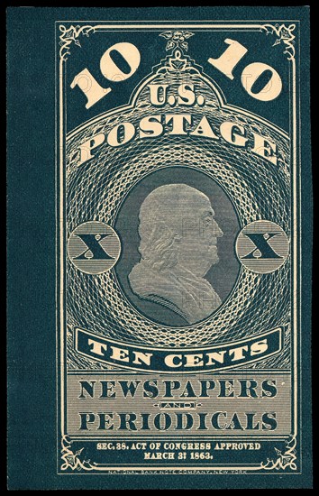 10c Franklin Newspapers and Periodicals trial color proof, 1865. Creator: Unknown.