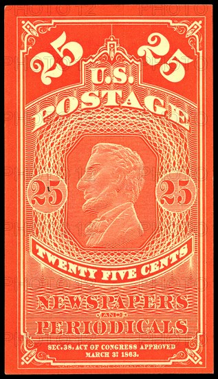 25c Abraham Lincoln Newspapers and Periodicals trial color proof, 1865. Creator: Unknown.