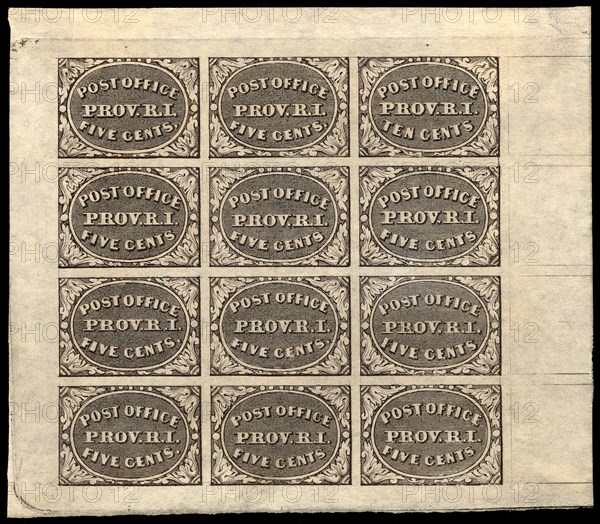 5c and 10c Providence, RI postmaster provisional sheet of twelve, 1846. Creator: Unknown.