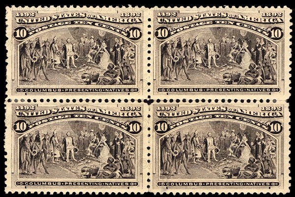 10c Columbus Presenting Natives block of four, 1893. Creator: Unknown.