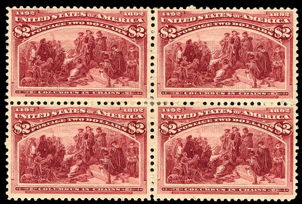 $2 Columbus in Chains block of four, 1893. Creator: Unknown.