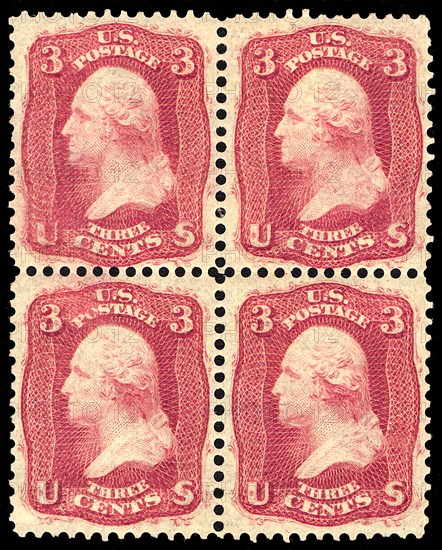 3c Washington "Premier Gravure" block of four, 1861. Creator: Unknown.