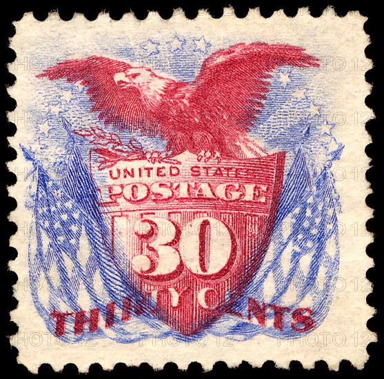 30c Shield, Eagle and Flags re-issue single, 1869. Creator: Unknown.