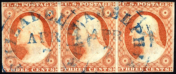 3c Washington imperforate strip of three, c. 1852. Creator: Unknown.