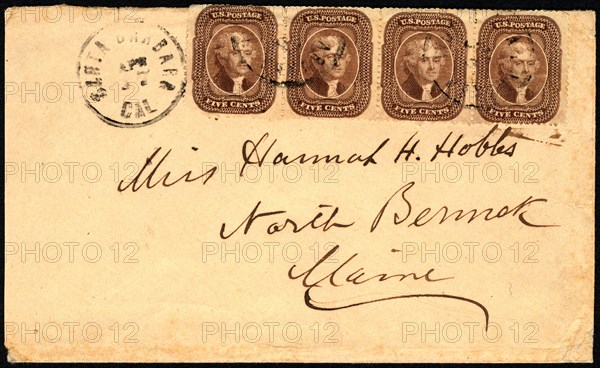 5c Thomas Jefferson strip of four on Santa Barbara, CA to Maine cover, 1860-1861. Creator: Unknown.