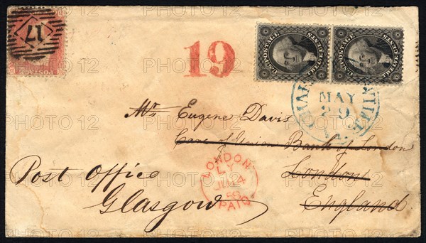 12c Washington Charlottesville, VA to London forwarded to Glasgow cover, May 29, 1858. Creator: Unknown.