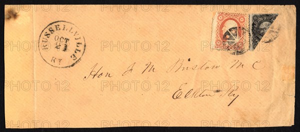12c Washington bisect with 3c Washington single on cover, 1857-1861. Creator: Unknown.