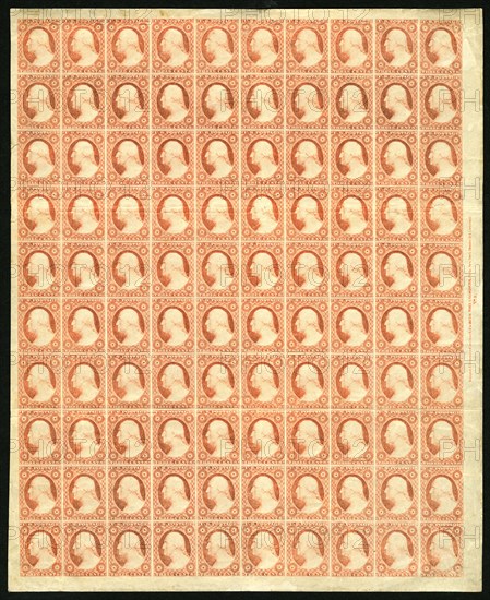 3c Washington imperforate pane of one hundred, 1851. Creator: Unknown.