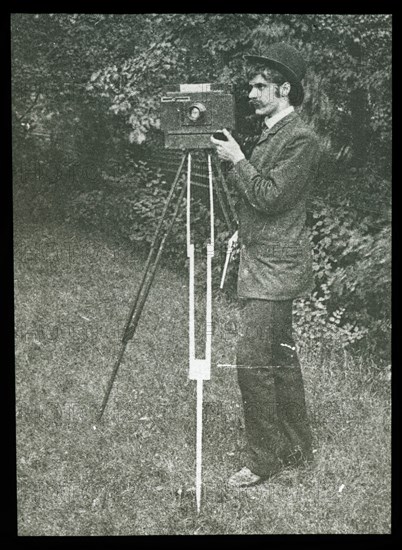 Self-Portrait with camera, tripod and pistol, 1886. Creator: Alfred Stieglitz.