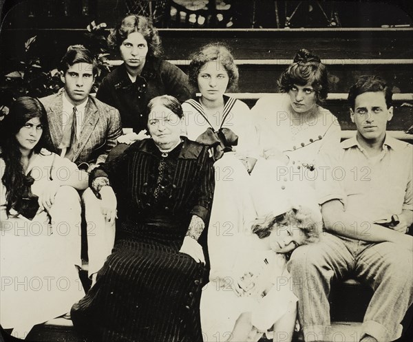 Untitled (Stieglitz's mother Hedwig with grandchildren on Oaklawn steps), c. 1916. Creator: Alfred Stieglitz.