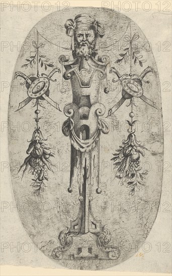 Male Terminal Figure; Head with Beard and Turban on a Three- Quarter Strapwork Pede..., ca. 1543-45. Creator: Jean Mignon.