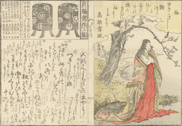 Court Lady Beneath an Old Plum Tree; Two Lacquer Cabinets for the Shell-matching Game, 1793. Creator: Kubo Shunman.