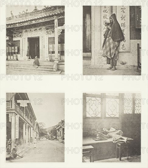 Front of Kwan-Yin Temple, Hong-Kong; A Mendicant Priest; A Street in Hong-Kong; Opium..., c. 1868. Creator: John Thomson.