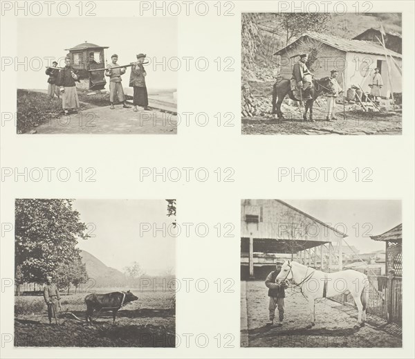 The Sedan; A Military Officer; The Plough; A North China Pony, c. 1868. Creator: John Thomson.