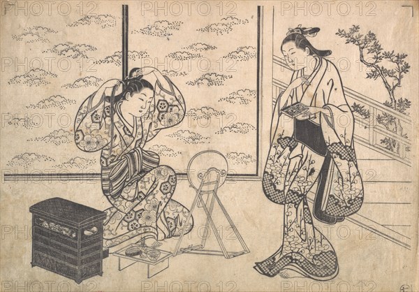 Two Women in a Room Opening on a Verandah, ca. 1730. Creator: Hasegawa Mitsunobu.