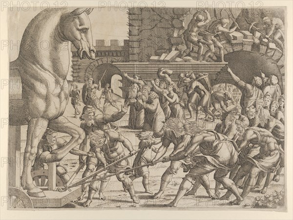 The Trojans Bring the Wooden Horse into Their City, 1535-55. Creator: Jean Mignon.