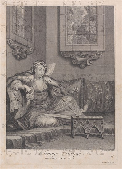 Femme Turque, qui fume sur le Sopha, 1714-15. Creator: Unknown.