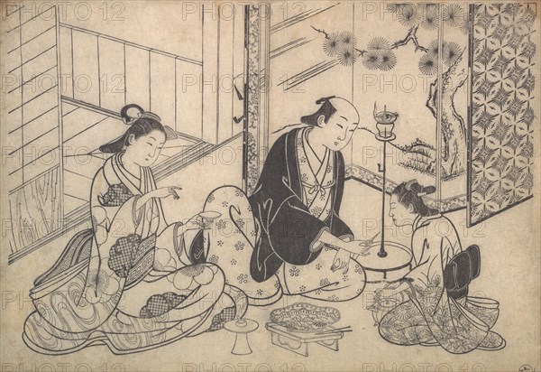 Interior, Three Figures: Sake Party, ca. 1730. Creator: Hasegawa Mitsunobu.