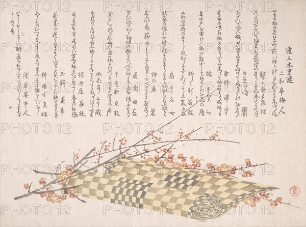 Plum Branches with Flowers and a Rolled Mat, 19th century. Creator: Kubo Shunman.