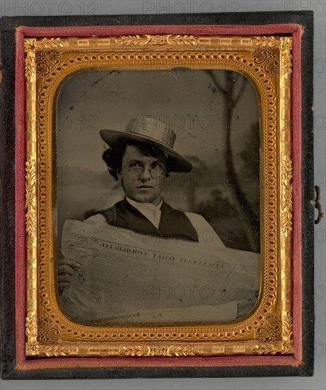 Untitled (Portrait of a Man Holding a Newspaper and Wearing a Straw Hat), 1868. Creator: Unknown.