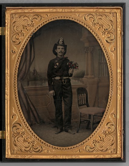 Untitled (Portrait of a Standing Man Wearing a Fireman's Uniform), 1865. Creator: Unknown.