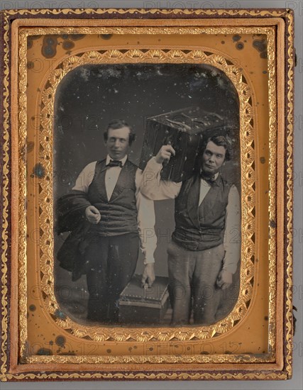 Untitled (Portrait of Two Standing Men Carrying Trunks), 1855. Creator: Unknown.