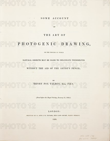 Some Account of the Art of Photogenic Drawing, or the Process by which Natural Objects..., Jan 31, 1 Creator: William Henry Fox Talbot.