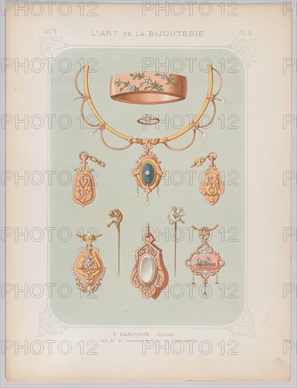 Jewelry Designs in Gold and Rose Gold, 1879. Creator: Jean François Barousse.