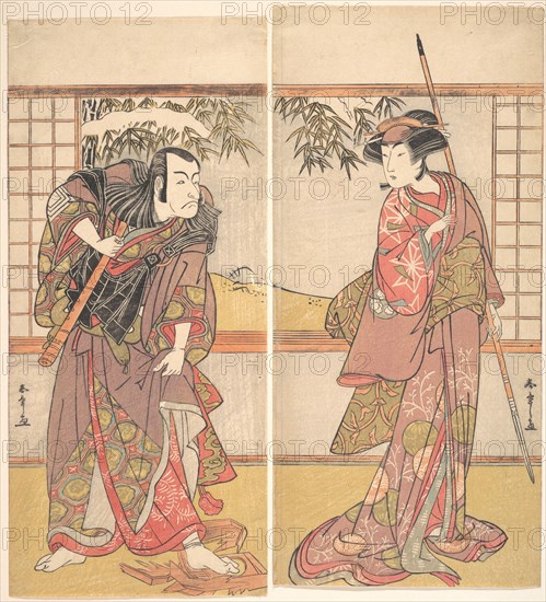 Kabuki Actors Osagawa Tsuneyo II and Ichikawa Danjuro V, ca. 1780s. Creator: Shunsho.