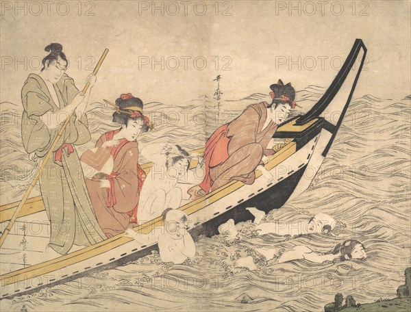 Boating Party with Children Swimming, late 18th century. Creator: Kitagawa Utamaro.