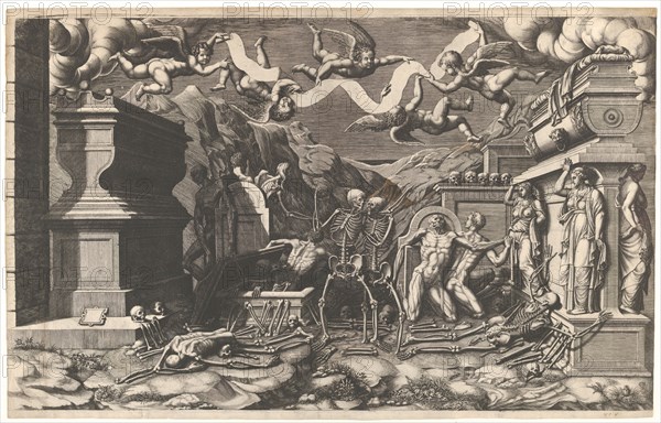 The Vision of Ezekiel; a group of corpses and skeletons emerging out of tombs, above them ..., 1554. Creator: Giorgio Ghisi.