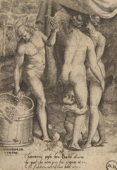 Bacchus giving grapes to women, from 'The Loves of the Gods', 1531-60. Creator: Giulio Bonasone.