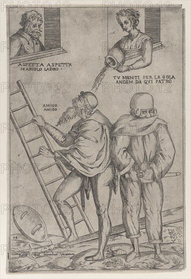 A man climbs a ladder while a woman throws water on him from above, 1575-99. Creator: Giovanni Ambrogio Brambilla.