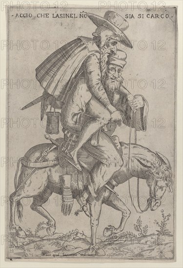 Caricature with two men on a mule, 1575-99. Creator: Giovanni Ambrogio Brambilla.