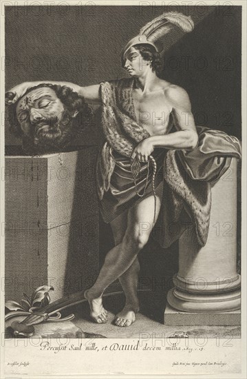 David standing with crossed legs and holding the head of Goliath on a pedestal at l..., ca. 1635-45. Creator: Gilles Rousselet.