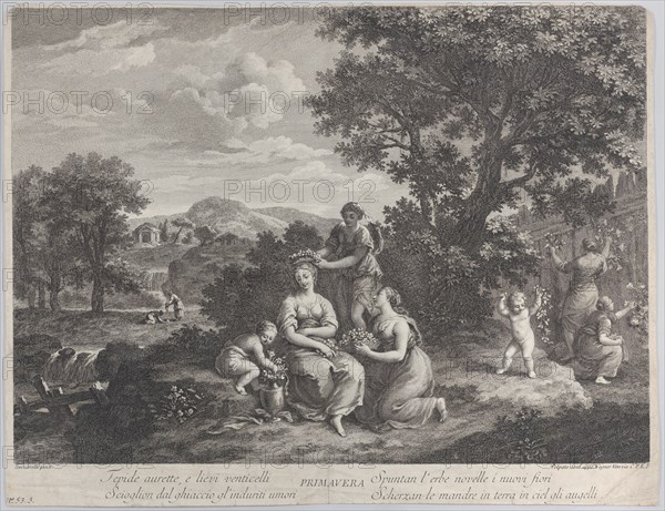 Primavera, a group of women collecting flowers and making crowns from them, ca. 1764. Creator: Giovanni Volpato.