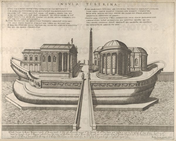 View of the Tiber Island represented as a ship, the Temple of Aesculapius at left, 1582., 1582. Creator: Giovanni Ambrogio Brambilla.