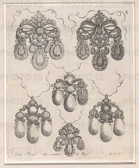 Design for Pendants, Plate 4 from 'Livre des Ouvrages d'Orfevrerie', after 1663. Creator: Louis Cossin.