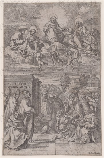 Ecclesiastics in a landscape writing, others in the heavenly realm above, c1650. Creator: Giovanni Cesare Testa.