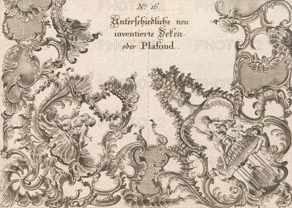 Two Designs for Ceiling Decorations, Plate 1 from 'Unterschiedliche neu inv..., Printed ca. 1750-56. Creator: Jeremias Wachsmuth.