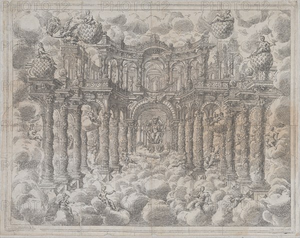 Plate 2 [counterproof]: Stage set with allegorical figures seated among the clouds, with a..., 1690. Creator: Giovanni Antonio Lorenzini.