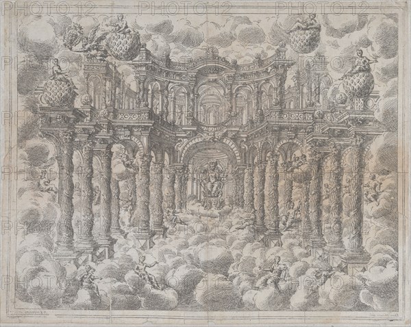 Plate 2 [counterproof]: Stage set with allegorical figures seated among the clouds, with a..., 1690. Creator: Giovanni Antonio Lorenzini.