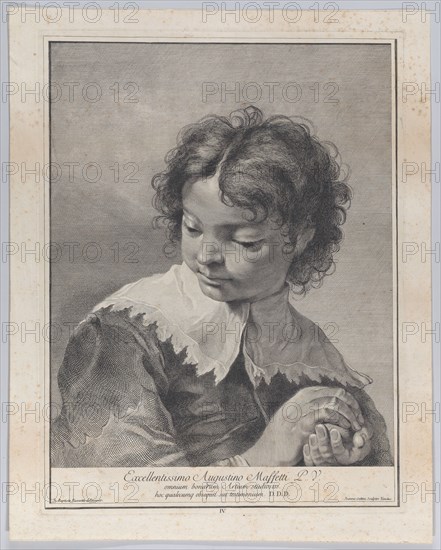 Boy with a lace collar holding a piece of fruit in his hands, 1743.  Creator: Giovanni Cattini.